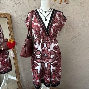 Bailey‎ Blue Dress Paisley Print Short Sleeve V Neck Elastic Waist Casual